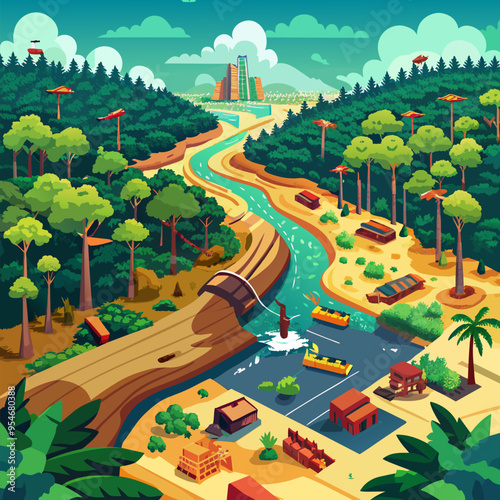 Deforest environmental problem, aerial split image from above top view,logging of rain forest, created with