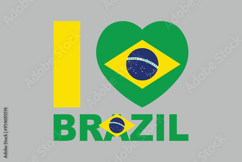 I love Brazil Word with heart shape, Brazilian National Flag, EPS Vector Illustration, Flag of the Federative Republic of Brazil, Illustration of the Brazil flag
