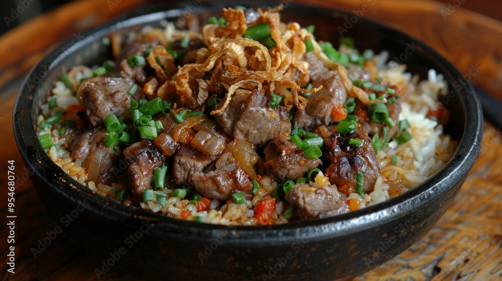Qatari Machboos: A spiced rice dish with chicken or lamb, similar to biryani, garnished with fried onions. - Qatari Machboos: A spiced rice dish with chicken or lamb, similar to biryani, garnished with fried onions. -