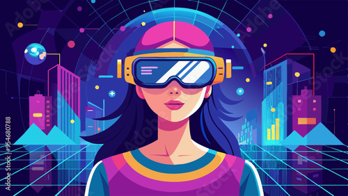 generative ai illustration of young woman with vr glasses in cyberspace