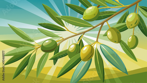 green olives on a branch of an olive tree, with sunlight filtering through the leaves