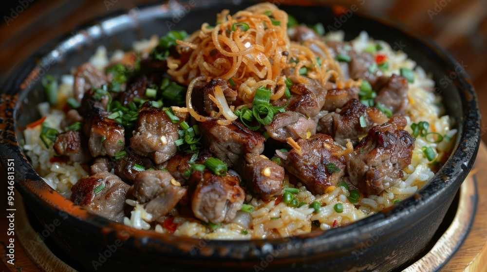 Qatari Machboos: A spiced rice dish with chicken or lamb, similar to biryani, garnished with fried onions. - Qatari Machboos: A spiced rice dish with chicken or lamb, similar to biryani, garnished with fried onions. -