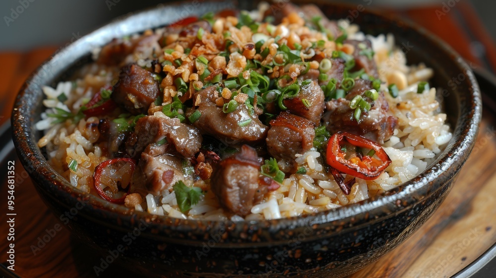 Qatari Machboos: A spiced rice dish with chicken or lamb, similar to biryani, garnished with fried onions. - Qatari Machboos: A spiced rice dish with chicken or lamb, similar to biryani, garnished with fried onions. -