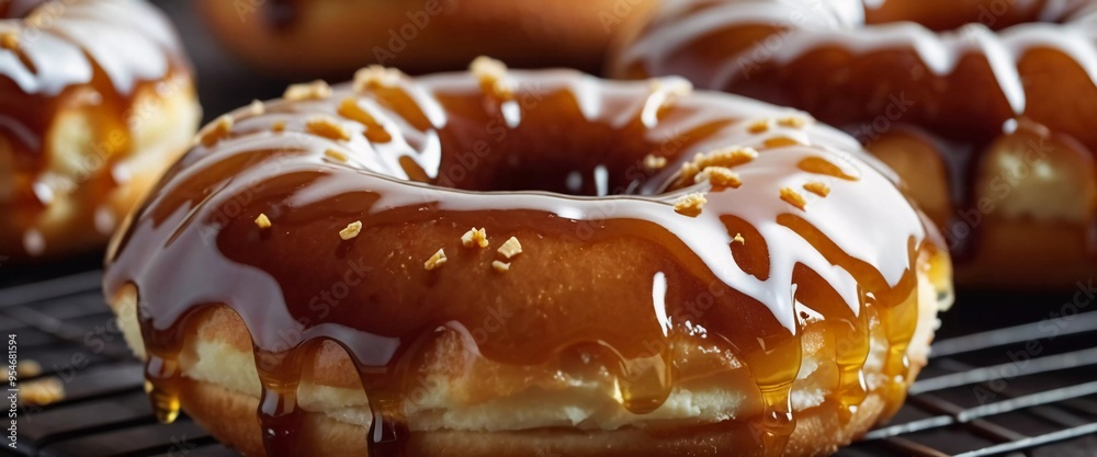 A stack of honey glazed donuts with a glossy caramel coating, adorned with crunchy toppings, inviting you to indulge in a sweet treat. These donuts are ideal for any dessert lover. Generative AI A stack of honey glazed donuts with a glossy caramel coating, adorned with crunchy toppings, inviting you to indulge in a sweet treat. These donuts are ideal for any dessert lover. Generative AI