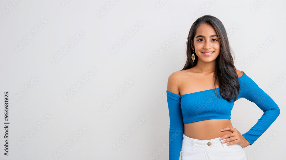 A portrait of a South Asian woman wearing a blue tube top and white skinny pants. A portrait of a South Asian woman wearing a blue tube top and white skinny pants.