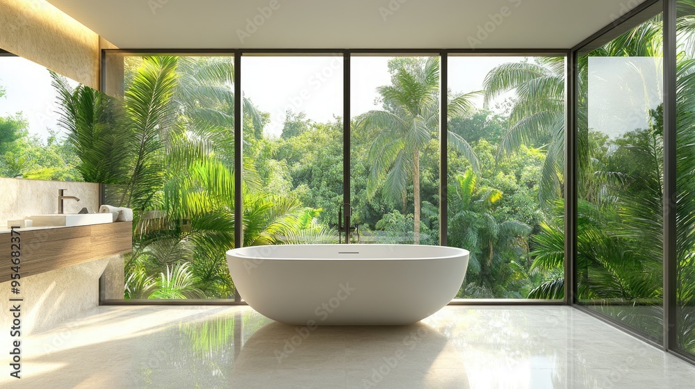 A stylish modern bathroom with big windows opening to a tropical forest, creating a peaceful retreat with elegant, minimalist fixtures. Plenty of space for copy or text. A stylish modern bathroom with big windows opening to a tropical forest, creating a peaceful retreat with elegant, minimalist fixtures. Plenty of space for copy or text.