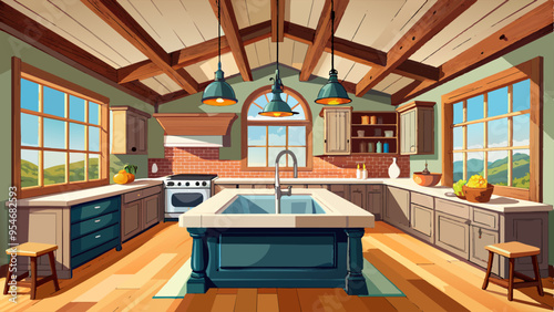 A new luxury home's traditional kitchen features a farmhouse sink, hardwood floors, wood beams, a huge island, and quartz counters.