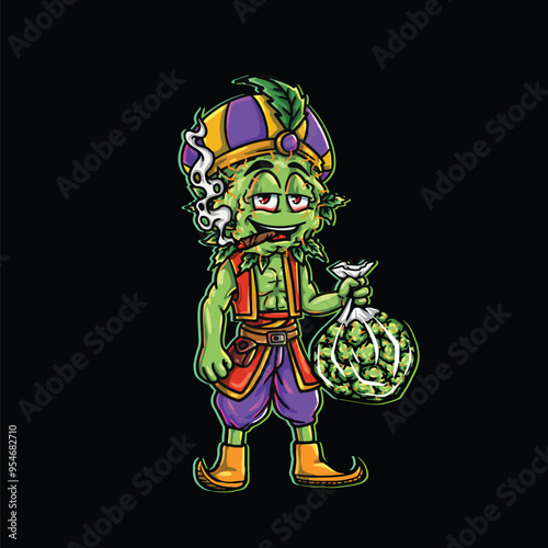 buds weed smoking character cartoon mascot logo leaf face happy with holding nug

