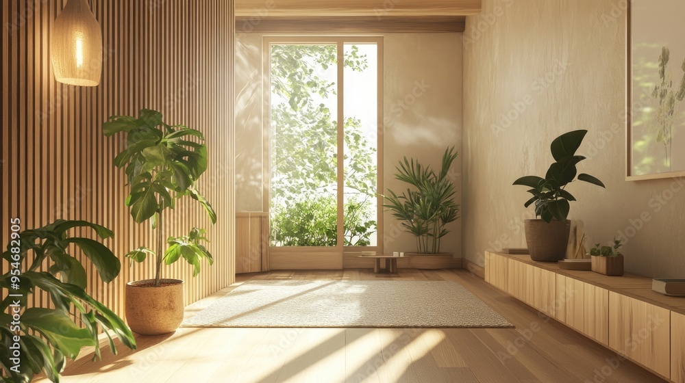 A warm and airy entryway with light wood finishes, potted plants, and a large window, creating a welcoming and inviting first impression filled with natural light. Plenty of space for copy. A warm and airy entryway with light wood finishes, potted plants, and a large window, creating a welcoming and inviting first impression filled with natural light. Plenty of space for copy.