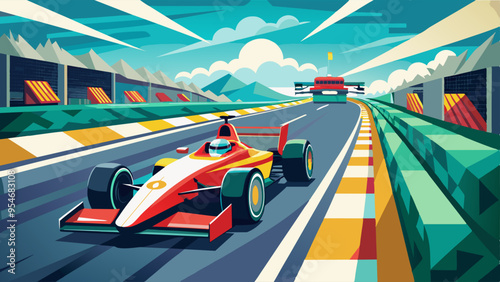 Asphalt of the international race track with a race car at the start. Racer on a racing car passes the track.