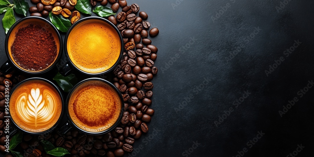 Assorted Coffee Drinks with Beans and Leaves. Variety of coffee cups filled with different coffee types and garnished with coffee beans and leaves, offering a rich sensory coffee experience. Assorted Coffee Drinks with Beans and Leaves. Variety of coffee cups filled with different coffee types and garnished with coffee beans and leaves, offering a rich sensory coffee experience.