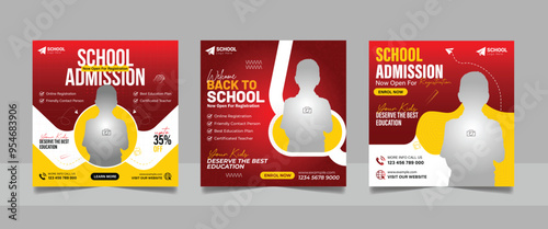 back to school admission social media post set, higher education promotion square flyer web banner study abroad template design.
