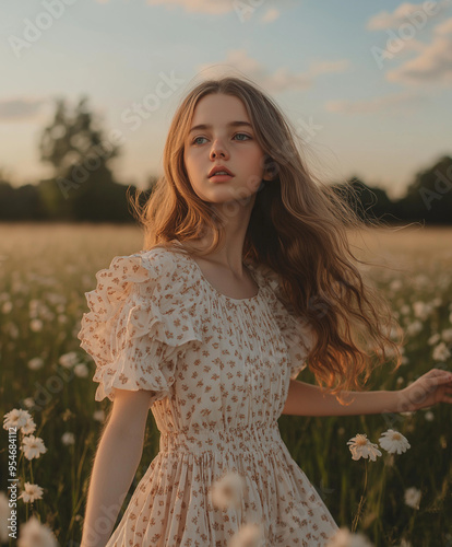 Young Girl in Ruffled Sundress Innocent Smiles and Playful Frolic in a Field 