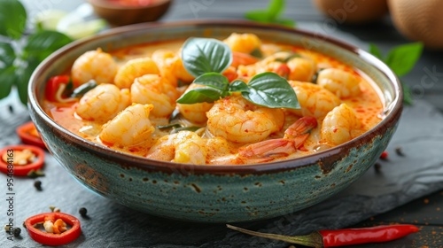 Singaporean Laksa: A spicy laksa noodle soup with prawns, tofu puffs, and a coconut milk broth. Curry Laksa. Laksa Lemak. photo