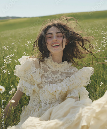 Young Girl in Ruffled Sundress Innocent Smiles and Playful Frolic in a Field 