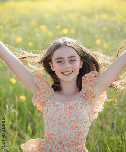 Young Girl in Ruffled Sundress Innocent Smiles and Playful Frolic in a Field 
