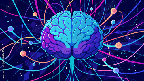 Human brain with blue and purple neural connection lines and glowing. Colorful brain. Vector Illustration