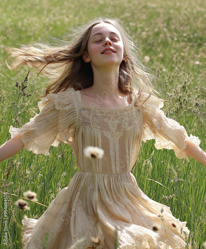 Young Girl in Ruffled Sundress Innocent Smiles and Playful Frolic in a Field 