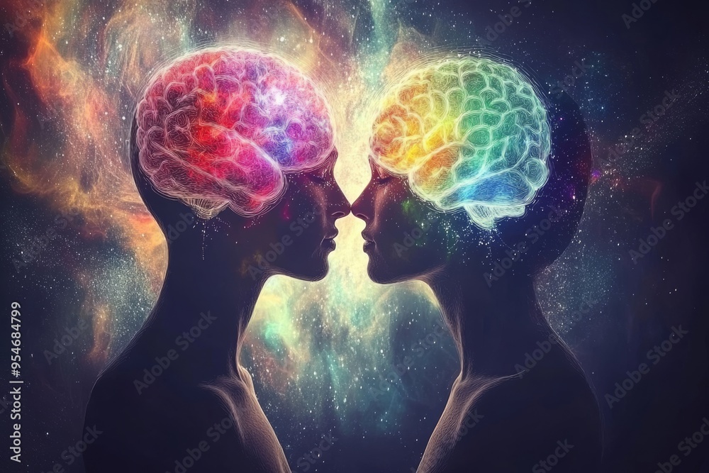 Cognitive function Parallel Vibrant neural connection between two individuals in a cosmic background symbolizing the intersection of thought and emotion in a colorful conceptual environment Cognitive function Parallel Vibrant neural connection between two individuals in a cosmic background symbolizing the intersection of thought and emotion in a colorful conceptual environment