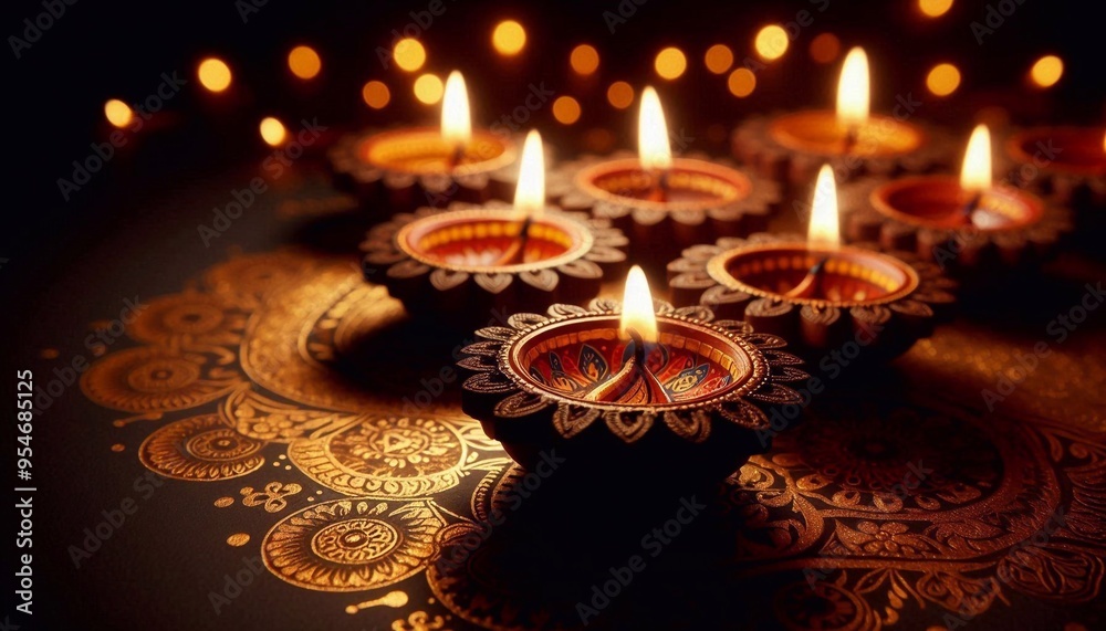 Happy Diwali Festival- a simle Diya lamps lit down during Diwali celebration. dark background. Indian festival Happy Diwali with Diwali Diya, holiday Background.