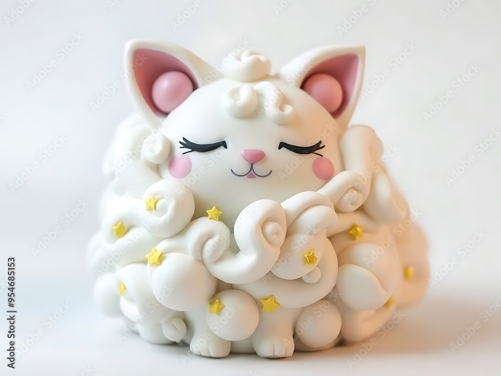 Cute White Cat Figurine with Golden Stars Handmade Decor Cute White Cat Figurine with Golden Stars Handmade Decor