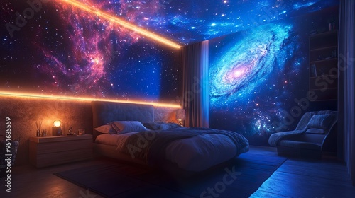 Cosmic themed escape with a galaxy mural and glowing stars on the ceiling photo