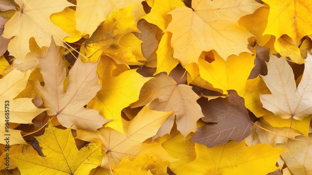 Fototapeta premium A delightful array of vibrant yellow and brown autumn leaves covers the ground, showcasing the beauty of fall in a natural setting. The rich colors create a stunning visual display underfoot