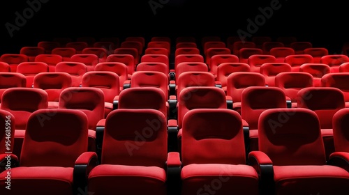 Bright red seats fill the theater, creating a vibrant yet tranquil atmosphere, as no audience members are present to enjoy the film
