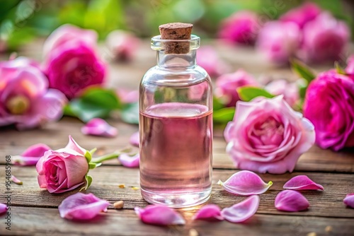 natural rose water in glass vial with fresh petals