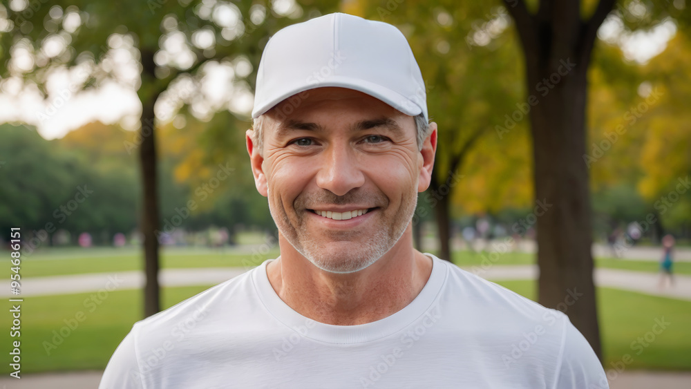 Man wearing white t-shirt and white baseball cap standing in the park Man wearing white t-shirt and white baseball cap standing in the park