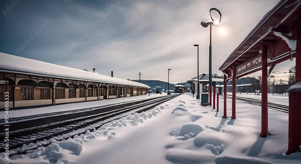 Snowy train station at Christmas.