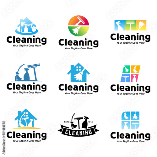 Set of House cleaning service logo design. House cleaning products vector design.