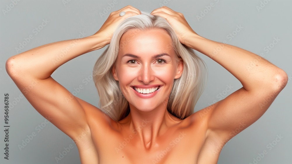 A smiling woman with long silver hair holds her hair back, radiating joy and confidence. She exudes positivity with a bright smile against a soft, neutral backdrop A smiling woman with long silver hair holds her hair back, radiating joy and confidence. She exudes positivity with a bright smile against a soft, neutral backdrop