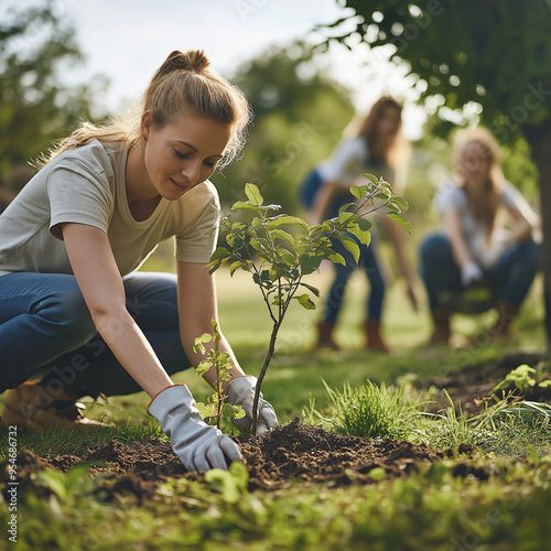 Group of volunteers planting trees in a park on a sunny day