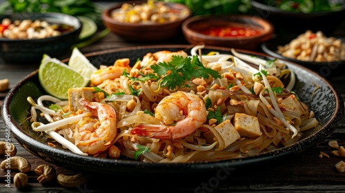 Pad Thai: A plate of Pad Thai noodles with shrimp, tofu, bean sprouts, peanuts, and lime wedges. 