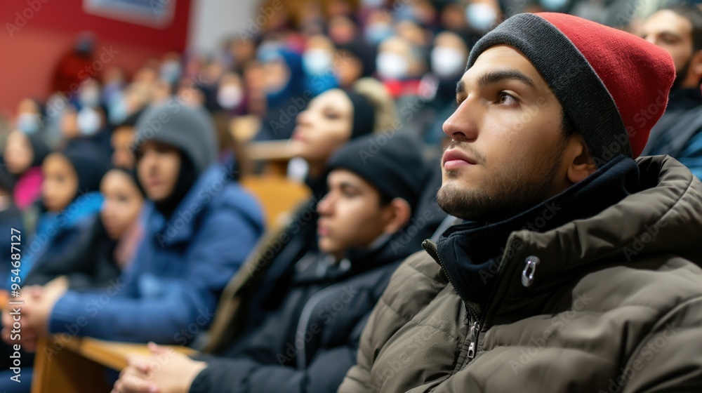 A diverse group of young students wearing warm clothing listens intently to a lecture in a crowded university classroom during the winter season A diverse group of young students wearing warm clothing listens intently to a lecture in a crowded university classroom during the winter season