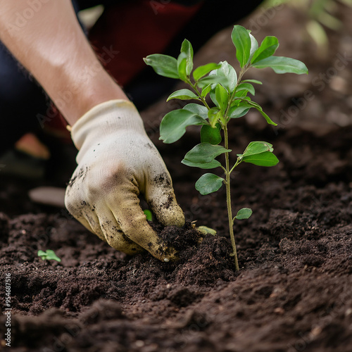 Person planting a young tree in a garden, with soil and tools visible