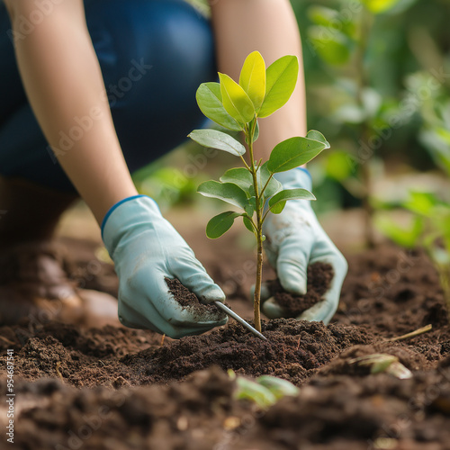 Person planting a young tree in a garden, with soil and tools visible
