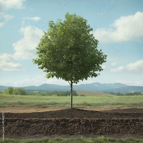 Planting a tree along a rural roadside, with a scenic landscape in the background