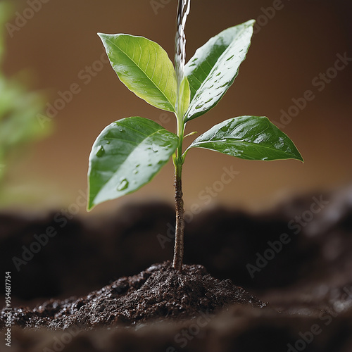 Tree sapling being watered after planting, with fresh soil around its base