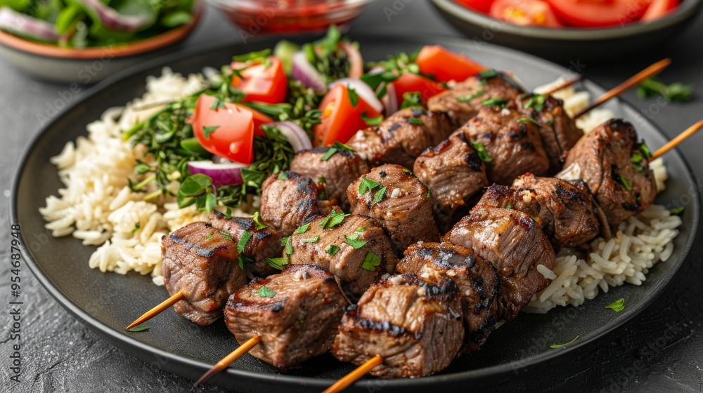 Turkish Kebab: Skewers of grilled Turkish kebab with lamb or chicken, served with rice and salad. Turkish Kebab: Skewers of grilled Turkish kebab with lamb or chicken, served with rice and salad.