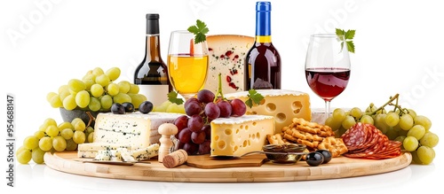 Plate featuring delicious cheese grapes a bottle and a glass of wine on a white background. with copy space image. Place for adding text or design