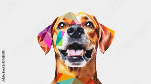 Colorful cubist portrait of a dog making a silly face, composed of sharp angles and geometric patterns, set against a white backdrop photo