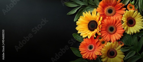 Gerbera and sunflower flowers on a black background. with copy space image. Place for adding text or design photo