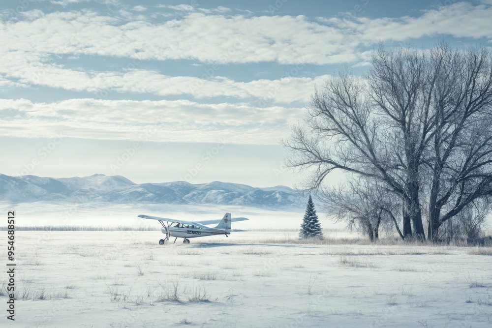 a serene winter landscape with a small airplane parked in a snowy field, surrounded by bare trees and a distant mountain range, with a subtle christmas tree in the corner a serene winter landscape with a small airplane parked in a snowy field, surrounded by bare trees and a distant mountain range, with a subtle christmas tree in the corner