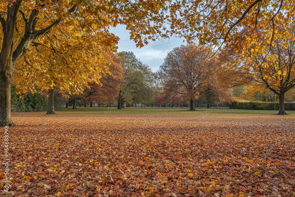A serene autumn landscape with vibrant orange and yellow trees and a carpet of fallen leaves. A serene autumn landscape with vibrant orange and yellow trees and a carpet of fallen leaves.