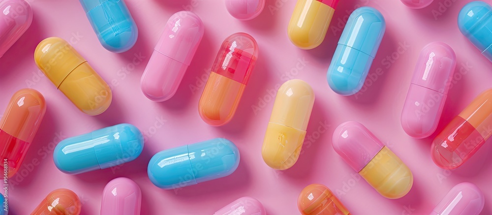 multicolored capsules and pills on a pink backdrop. with copy space image. Place for adding text or design multicolored capsules and pills on a pink backdrop. with copy space image. Place for adding text or design