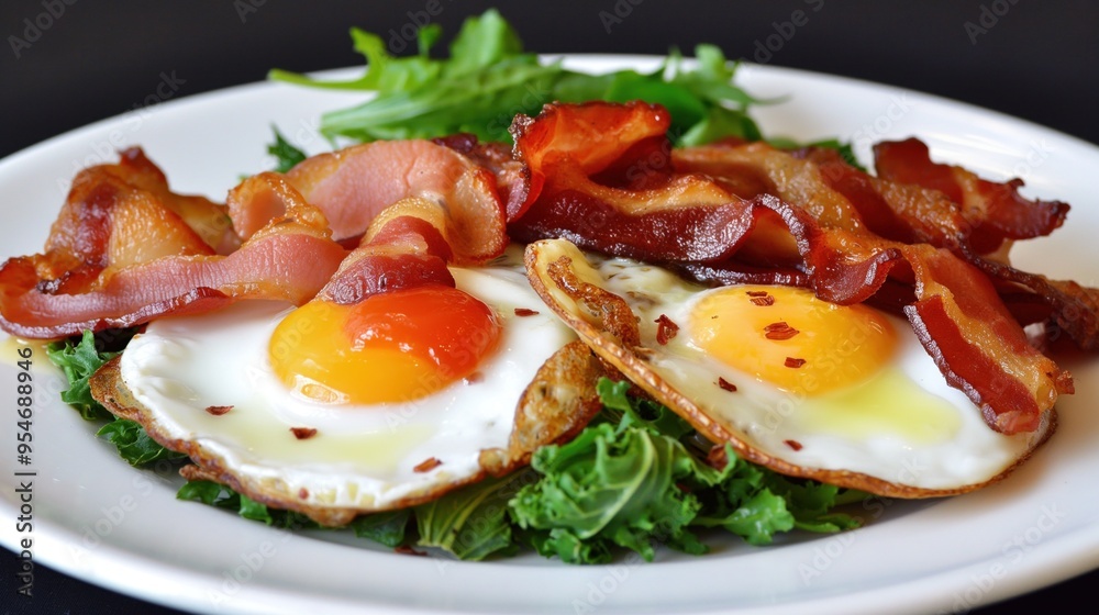 Enjoy a hearty breakfast with crispy bacon strips and perfectly cooked sunny-side-up eggs resting atop a bed of fresh greens, garnished with red pepper flakes for added flavor Enjoy a hearty breakfast with crispy bacon strips and perfectly cooked sunny-side-up eggs resting atop a bed of fresh greens, garnished with red pepper flakes for added flavor