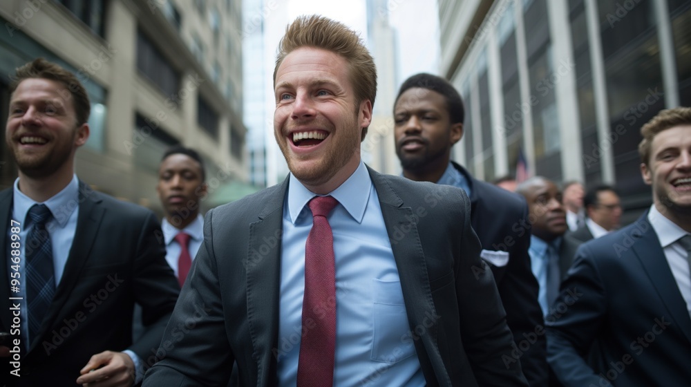 A group of business professionals in suits walk briskly down a bustling city street, smiling and chatting happily while enjoying the vibrant atmosphere of a sunny day A group of business professionals in suits walk briskly down a bustling city street, smiling and chatting happily while enjoying the vibrant atmosphere of a sunny day