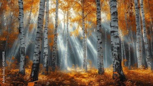 Sunbeams Illuminating a Misty Birch Forest in Autumn